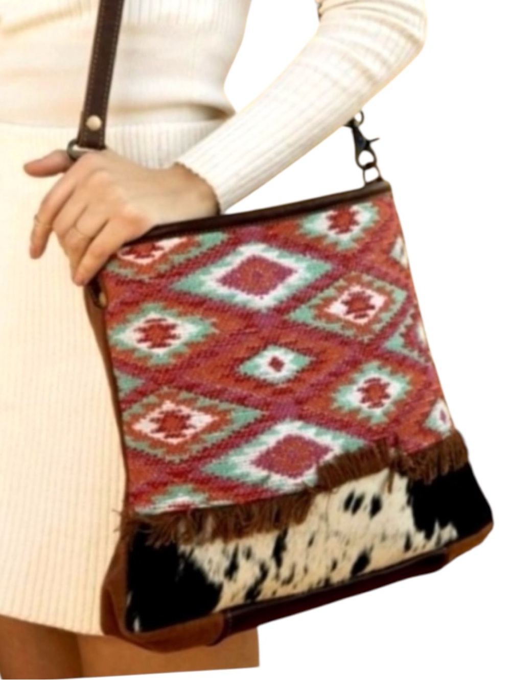 Myra Bag Rince Boho Aztec Crossbody Bag with Canvas Cowhide Leather Upcycled